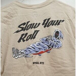 Wheel Bite Skateboards Slow Your Roll Men's Medium Tan Short Sleeve T-Shirt EUC